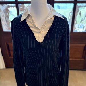 Ralph Lauren Black Pinstripe Ivory Silk Cashmere Collar Sweater Preppy elegant